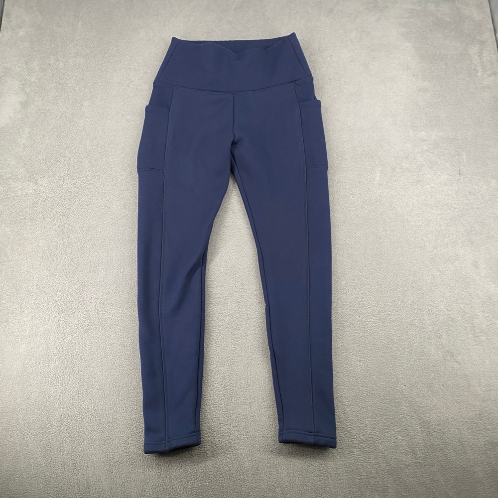 Navy Blue Fleece Lined High Waisted Leggings with Pockets Small